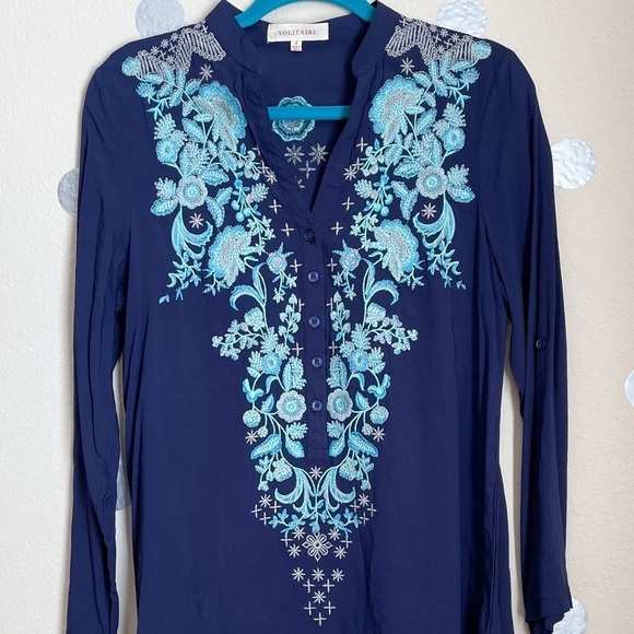 Solitaire Floral Embroidered V-neck Tunic - Picture 1 of 7